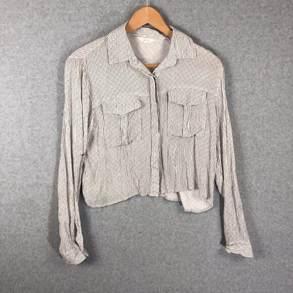 Sim & Sam Grey White Striped Cropped Long Sleeve Tee Size Large - Picture 1 of 6